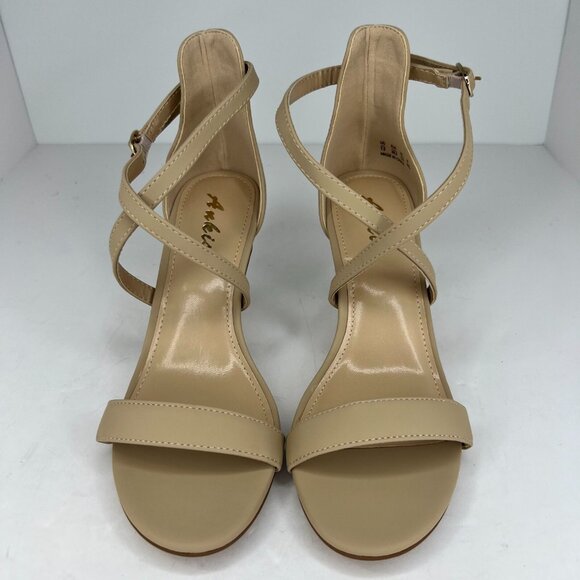 Ankis Womens Nude Gold Cross Strappy Heels Peep Toe Buckle Size 7.5 Stiletto - Picture 3 of 11